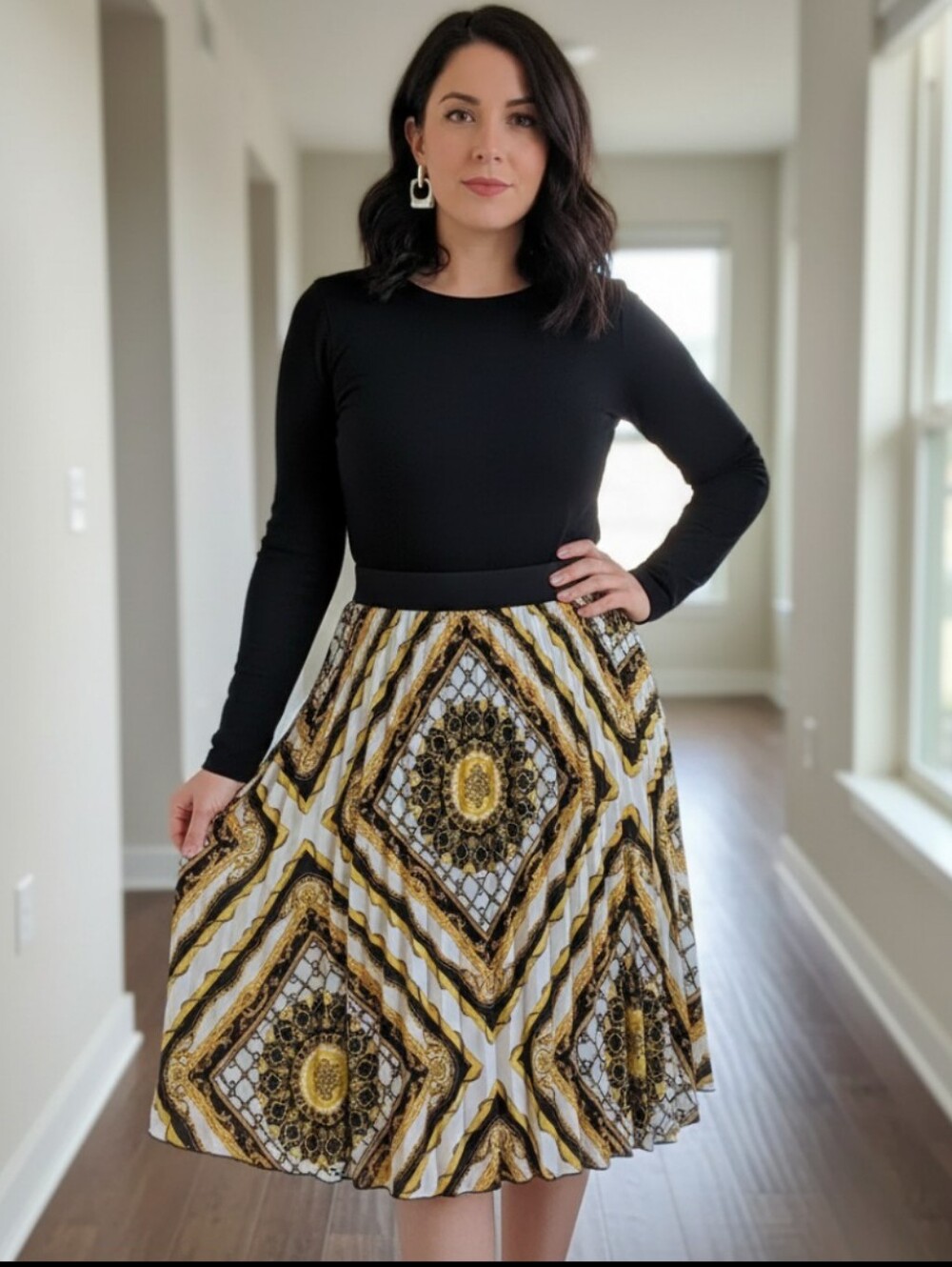 Metro Wear Black and Gold Geometric Midi Skirt
